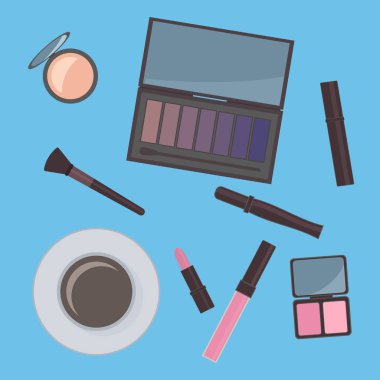 Düz yatıyordu kozmetik aksesuarları ve kahve. Vanity tablo. Güzellik, moda, glamour kavramı. Kolay vektör tasarımı güzellik salonları, blogcular, sosyal medya, Web siteleri, logo, kartları, vb için düzenlemek.