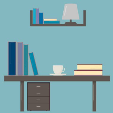 Danışma kitaplar ve kahve. Öğrencinin çalışma alanı. Eğitim kavramı. Sanat eserleri, Web siteleri, sosyal medya vb için vektör tasarım şablonu düzenlemek kolay.