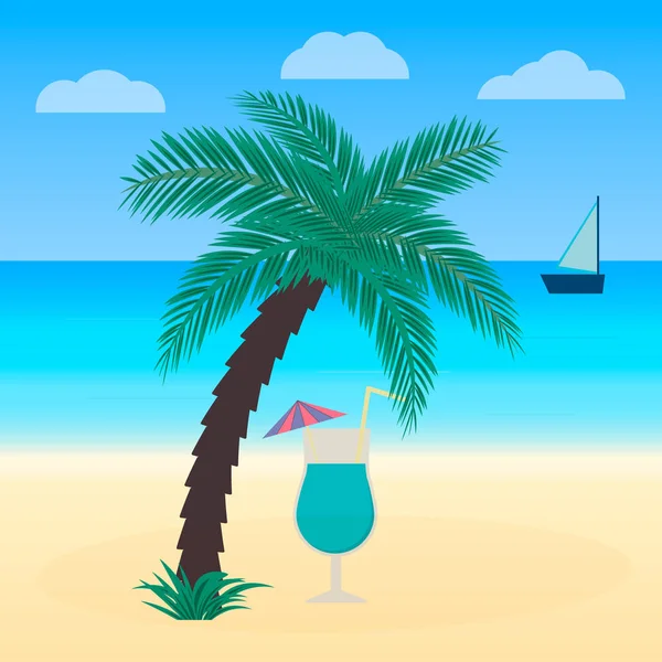 Summer Holidays Relax Tropical Beach Glass Cocktail Palm Tree Vacation — Stock Vector