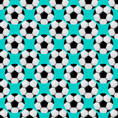 Futbol seamless modeli. Nane yeşili arka plan üzerinde siyah ve beyaz futbol topları. Çizgi film spor vektör çizim. Tasarım projeleri için şablonu düzenlemek kolay.