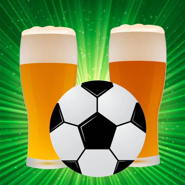 Pelota Fútbol Vasos Cerveza Sobre Fondo Verde Brillante Con Rayos — Archivo Imágenes Vectoriales