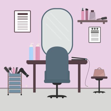 Güzellik salonu iç düz vektör çizim. İşyeri Kuaför. Kuaförlük araçları. Saç bakım güzellik aksesuarlar. 