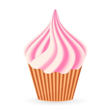 Cupcake beyaz ve pembe krem izole üzerinde beyaz arka plan ile. Vanilya ve çilekli tatlılar. Kolay vektör çizim pastaneler, kafeler ve restoran menüleri düzenlemek.