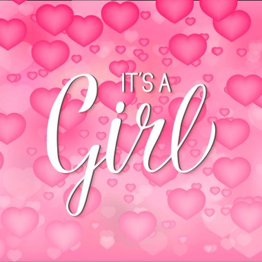 Bir kız hat yazı olduğunu. Kalp balon uçan ile 3d pembe. Kutlama alıntı el fırça ile yazılı. Bebek duş davet, işaret, poster ya da tebrik kartı vektör şablonu. 