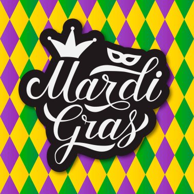 Mardi Gras yazı ver. Renkli palyaço desen arka plan. Yağ veya Shrove Salı günü kutlama poster. New Orleans'ın geleneksel karnaval. Vektör şablon afiş, el ilanı, yeni yıl eğlencesi daveti için.