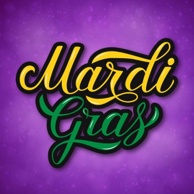 Mardi Gras renkli el yazı parlak mor zemin üzerine. New Orleans'ın geleneksel karnaval. Yağ veya Shrove Salı günü kutlama poster. Vektör şablon afiş, el ilanı, yeni yıl eğlencesi daveti için.