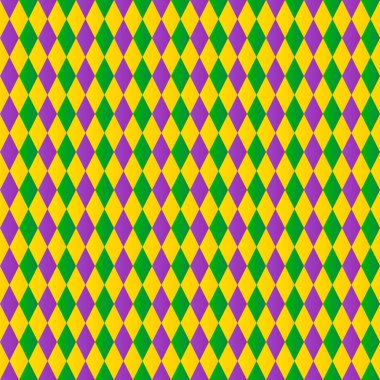 Geleneksel Mardi Gras arka plan. Renkli palyaço seamless modeli. Fat veya Shrove Salı posterler, afişler, kartları, parti davetiyeler için yeşil, mor ve sarı geometrik vektör arka plan. 