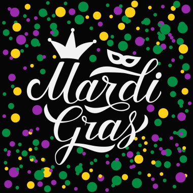 Mardi Gras konfeti arka plan renkli noktalar yazı ver. Yağ veya Shrove Salı günü kutlama poster. Yeni Orleans.Vector Şablon afiş, el ilanı, yeni yıl eğlencesi daveti için geleneksel karnaval.