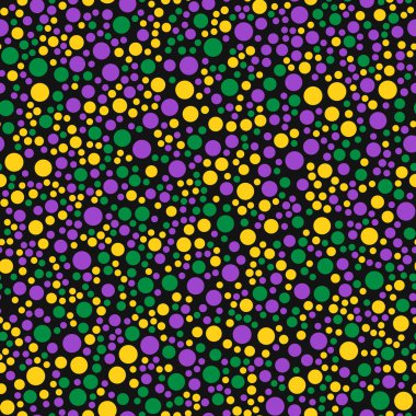 Renkli konfeti seamless modeli. Mardi gras Karnavalı vektör arka plan. Yeşil, sarı ve mor lekeli. Kartları için tasarım şablonu düzenlemek kolay, maskeli balo parti davetiyeleri, tekstil, vb.