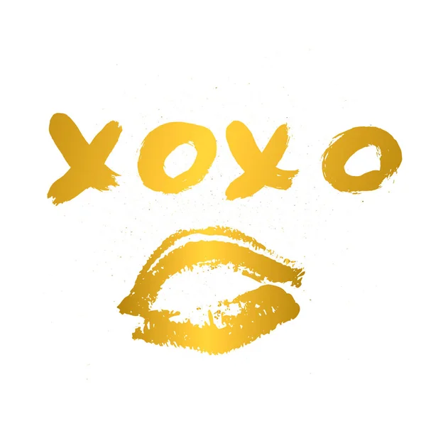Xoxo Frase Scritta Mano Bacio Rossetto Oro Isolato Sfondo Bianco — Vettoriale Stock