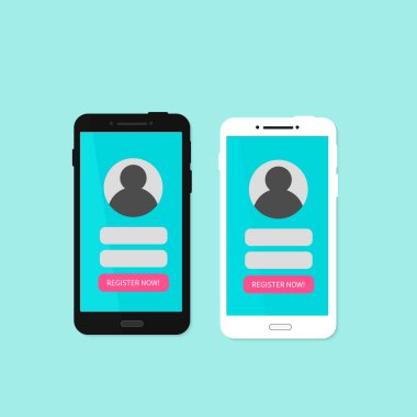 Kayıt yeni hesap. Smartphone ekranında sayfasında oturum açın. Kimlik arayüzü ile cep telefonları. Sosyal medya veya Web sitesinde hesap oluşturma. Kayıt şimdi düğme. Düz vektör çizim.