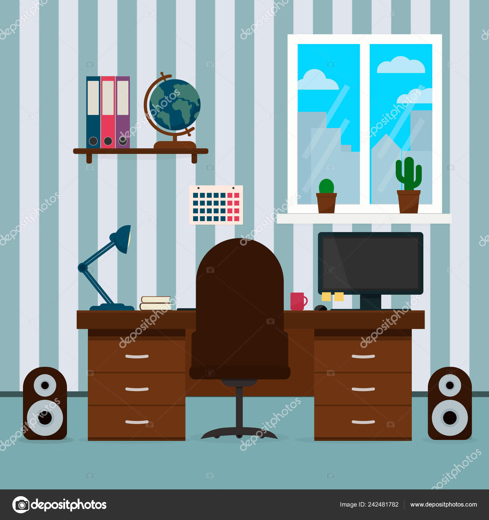 Interior Room Teenager Workplace Student Desktop Computer Shelves