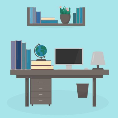 Vektör düz stil çizimde bilgisayar, kitap, lamba ve küre, tablonun kitaplık. Öğrencinin çalışma alanı. Odadaki veya ofisteki iç. Eğitim ve kavram öğrenme. 