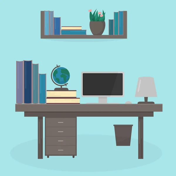 Vector Illustratie Vlakke Stijl Van Tabel Met Computer Boeken Lamp — Stockvector