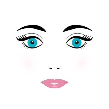Sevimli genç kadın yüz vektör çizim. Mavi gözlü, kirpik, kaş ve beyaz arka plan üzerinde Pembe dudakları ile bebek surat. Tasarım projeleri için şablonu düzenlemek kolay.