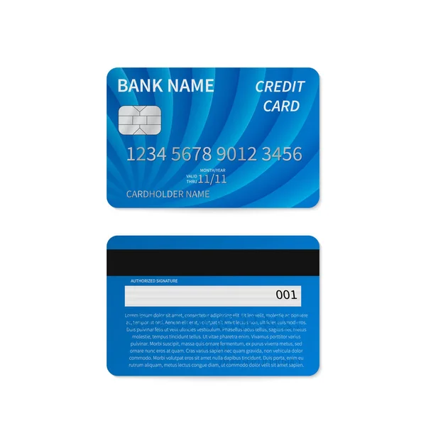 Realistische Blaue Kreditkarte Isoliert Auf Weiß Detaillierte Plastikkarte Mit Silbergeprägten — Stockvektor