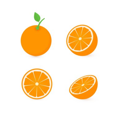 Dört taze portakal farklı görünümlerde kümesi: bütün, yarım, dilim. Beyaz arka plan üzerinde izole doğal organik meyve. Düz vektör çizim. Tasarım projeleri için şablonu düzenlemek kolay.