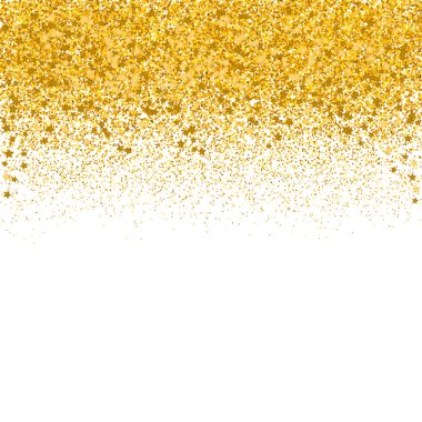 Altın konfeti vektör arka plan. Beyaz izole düşen sparkles noktalar ve yıldız sınır. Altın glitter doku etkisi. Rerfect davetiyeler, kartları, parti süslemeleri, düğün Kırtasiye vb için.