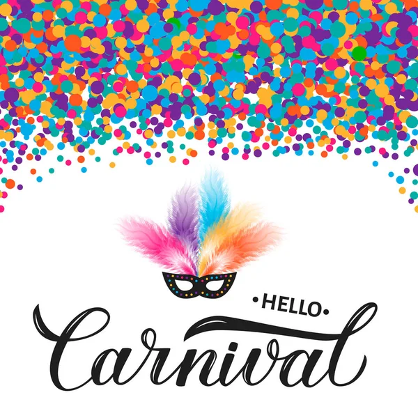 Carnaval Caligrafía Letras Con Confeti Colorido Máscara Pluma Cartel Fiesta — Vector de stock