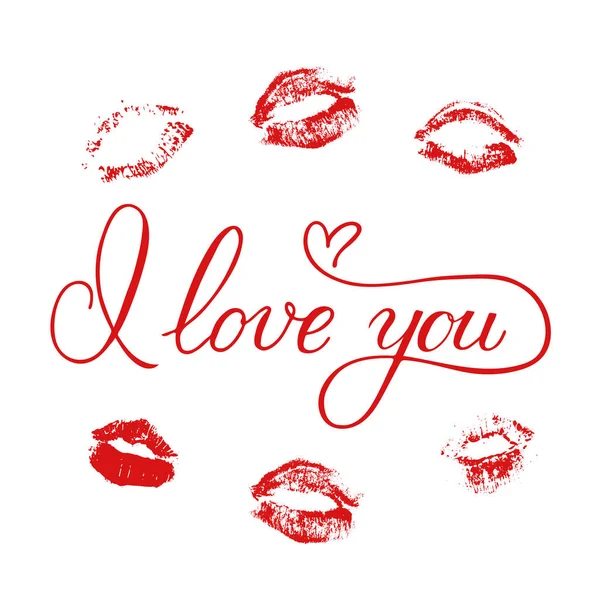 Love You Calligraphy Hand Lettering Lipstick Kiss Imprints Red Lips — Stock Vector