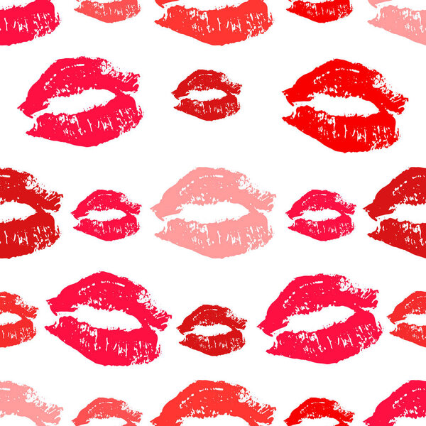 Realistic sexy lips seamless pattern. Red and pink lipstick kiss. Vector illustration of lips marks for labels of cosmetic products, beauty salons, fabric and makeup artists.