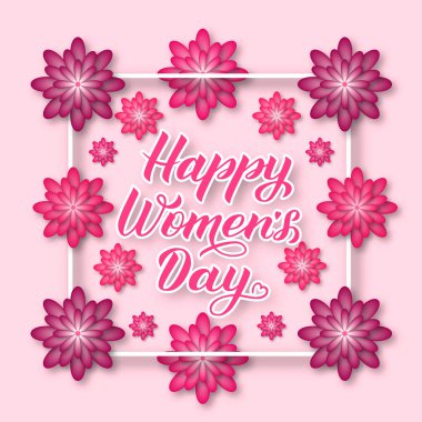 Kağıt kesme çiçek mutlu kadın gün hat yazı ile pembe ve puprle. Uluslararası Kadınlar günü tebrik kartı. Vektör çizim. Afiş, poster, davet, vb. için mükemmel