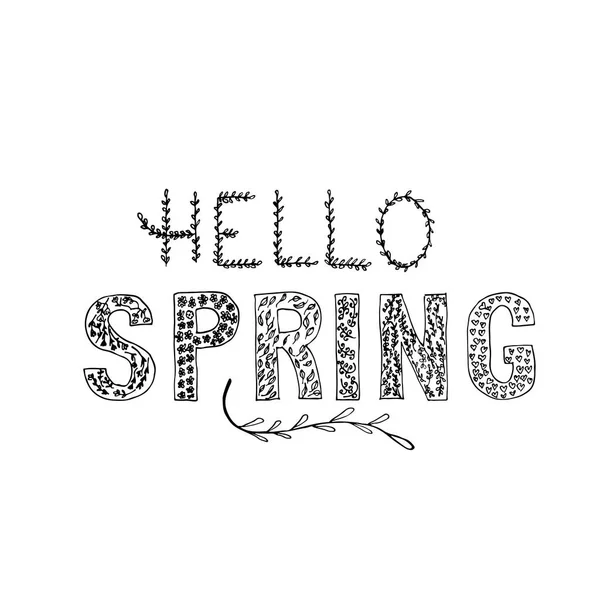 Hello Spring Hand Drawn Lettering Floral Doodle Elements Isolated White — Stock Vector