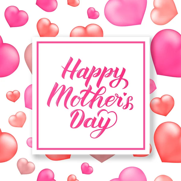 Feliz Dia Das Mães Caligrafia Lettering Fundo Com Corações Vermelhos —  Vetores de Stock