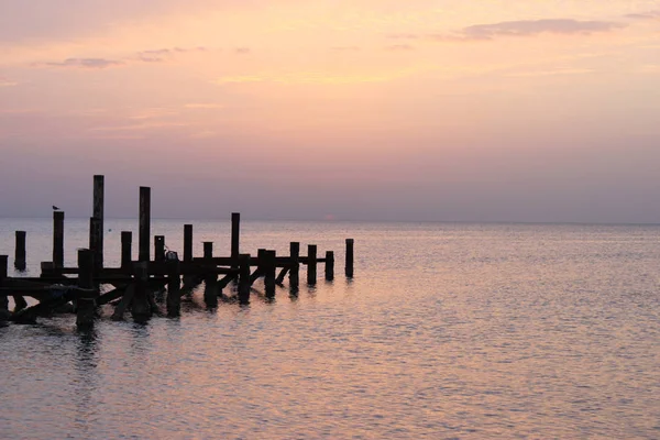 Sunrise Sea Sky Painted Shades Pink Wooden Piles Destroyed Pier — Stock Photo, Image