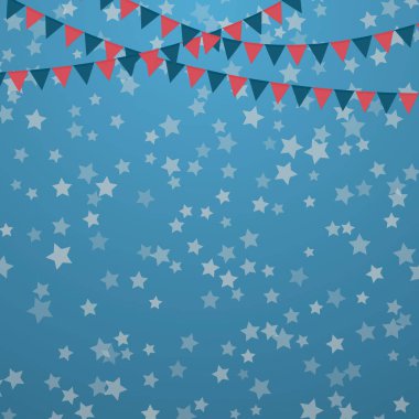 Amerikan vatansever vektör çizim. 4 Temmuz Bağımsızlık günü veya anma günü şablonu için afiş, tebrik kartı, parti daveti. Bayraklar ve konfeti arka plan yıldız. Retro vintage tarzı.