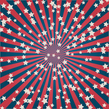ABD Bağımsızlık günü 4 Temmuz ya da anma günü Banner. Retro vatansever vektör çizim. Eşmerkezli çizgiler ve yıldız konfeti Amerikan bayrağının renkleri. Kırmızı, mavi ve beyaz ışınları.  