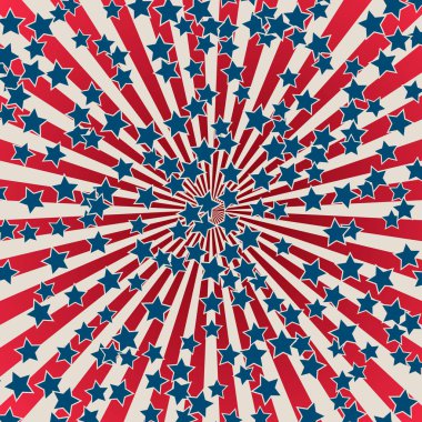 ABD Bağımsızlık günü 4 Temmuz ya da anma günü Banner. Retro vatansever vektör çizim. Eşmerkezli çizgiler ve yıldız konfeti Amerikan bayrağının renkleri. Kırmızı, mavi ve beyaz ışınları.  