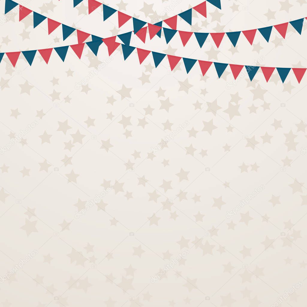 July 4th Independence Day Party.  Flags and scattered stars confetti background. Retro patriotic vector illustration in colors of American flag: red, blue and white. Easy to edit banner template. 