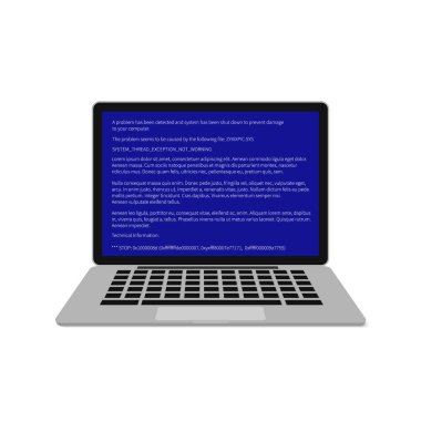 Laptop with blue screen of death (BSOD). System crash report. Fatal error of software or hardware. Broken computer vector illustration. Easy to edit template for your design projects. clipart