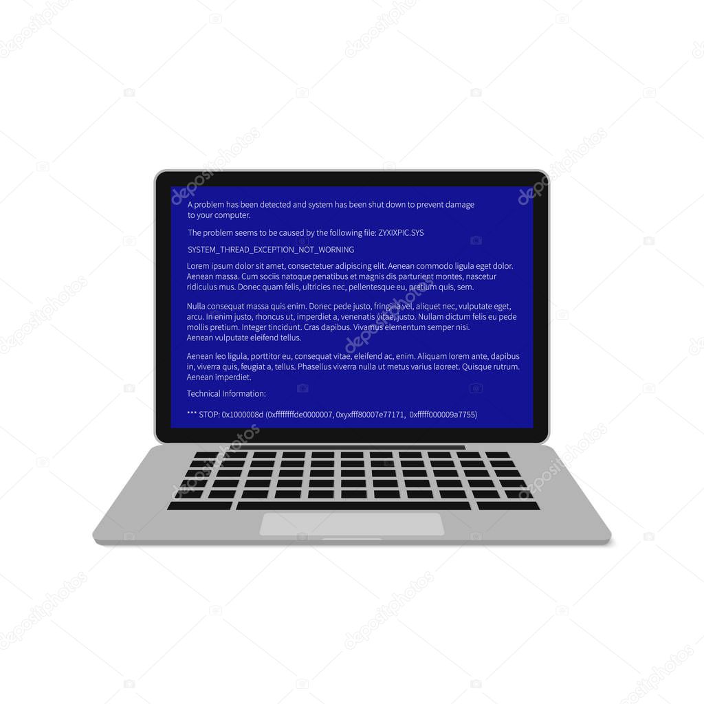 Laptop with blue screen of death (BSOD). System crash report. Fatal error of software or hardware. Broken computer vector illustration. Easy to edit template for your design projects.