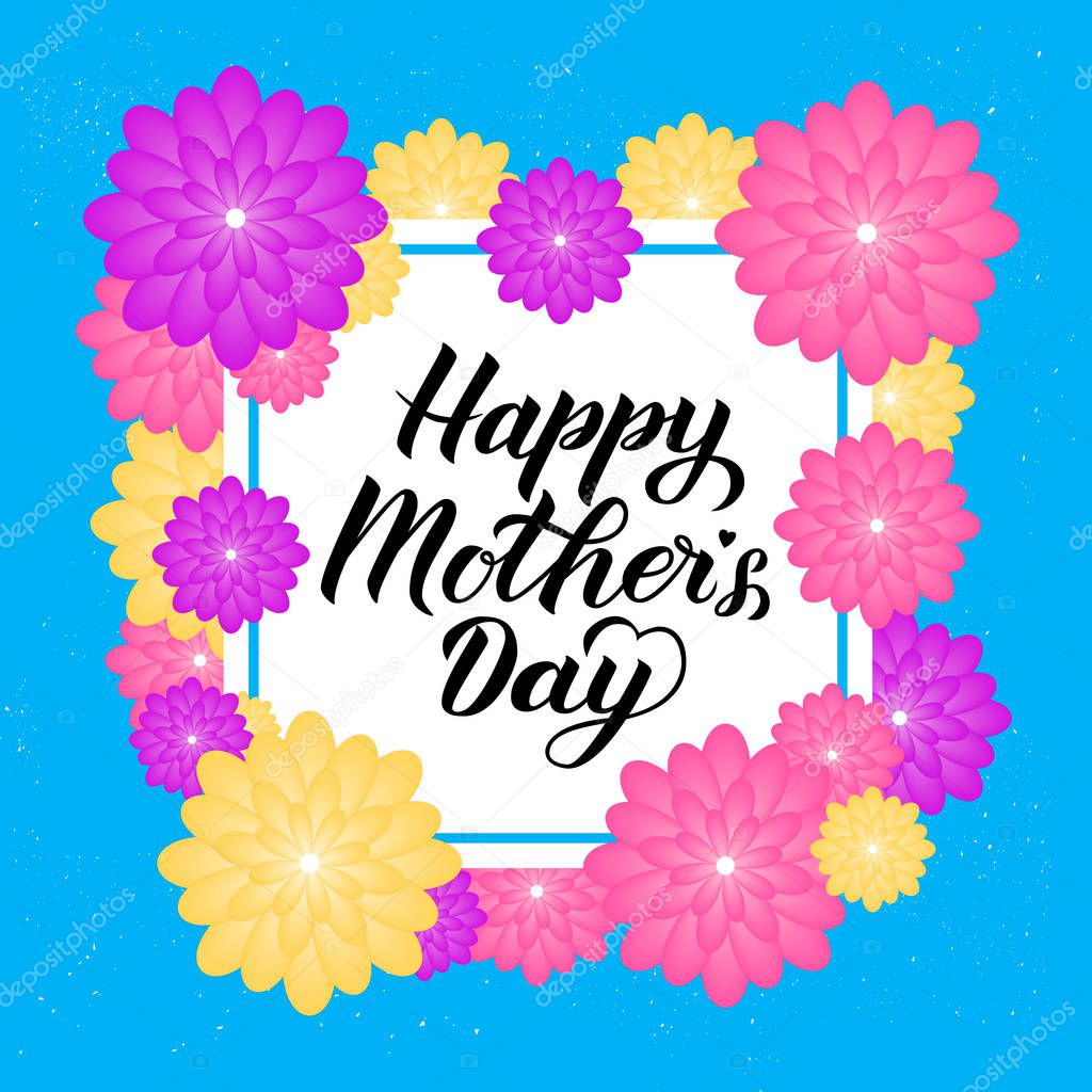 Happy Mothers Day calligraphy lettering with colorful spring flowers. Origami paper cut style vector illustration. Template for Mothers day greeting cards, party invitations, tags, flyers, banner