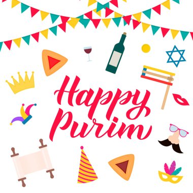 Mutlu Purim hat el yazı ile geleneksel Yahudi sembolleri: hamantaschen Çerezler, şenlikli, megillah esther, Davut yıldızı, maske, taç. Karnaval vektör çizim.