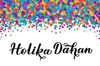 Renkli noktalar konfeti ile Holika Dahan hat yazı. Renkleri Hindistan geleneksel Holi festival. Hindu kutlama poster. Parti davetiyeleri, afiş, el ilanları, vb için vektör şablon.