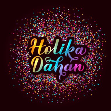 Renkli konfeti ile Holika Dahan hat 3d yazı. Renkleri Hindistan geleneksel Holi festival. Hindu kutlama poster. Parti davetiyeleri, afiş, el ilanları, vb için vektör şablon.