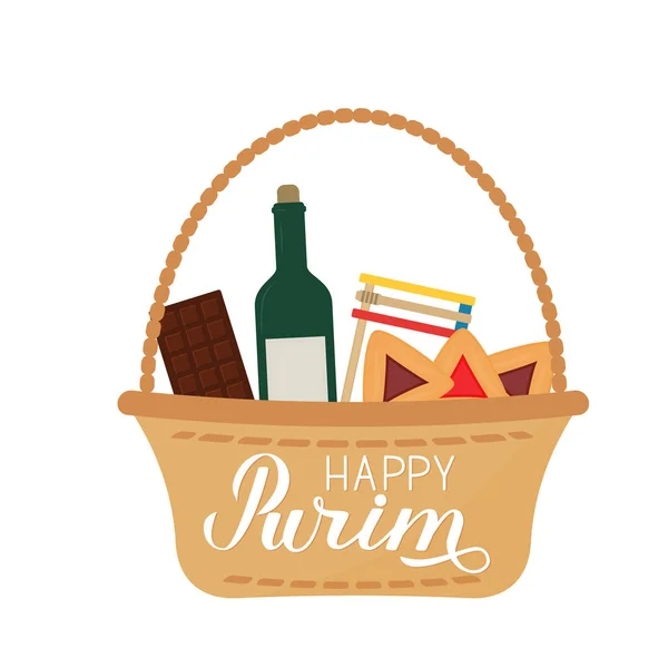 Happy Purim calligraphy lettering mishloach manot basket with traditional hamantaschen cookies isolated on white. Traditional Jewish carnival greeting card. flyer or poster. Vector illustration. — Stock Vector