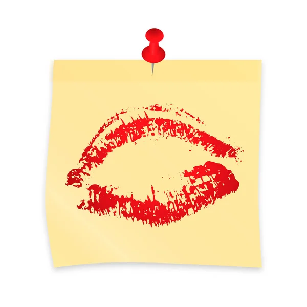 Ruj öp sarı yapışkan notu iğne ile bağlı. Gerçekçi etiket ve üzerinde beyaz izole iğne. Kırmızı ruj yazdırma. Seksi dudaklar illüstrasyon vektör. Basit-e doğru senin sanat için Şablonu Düzenle. — Stok Vektör