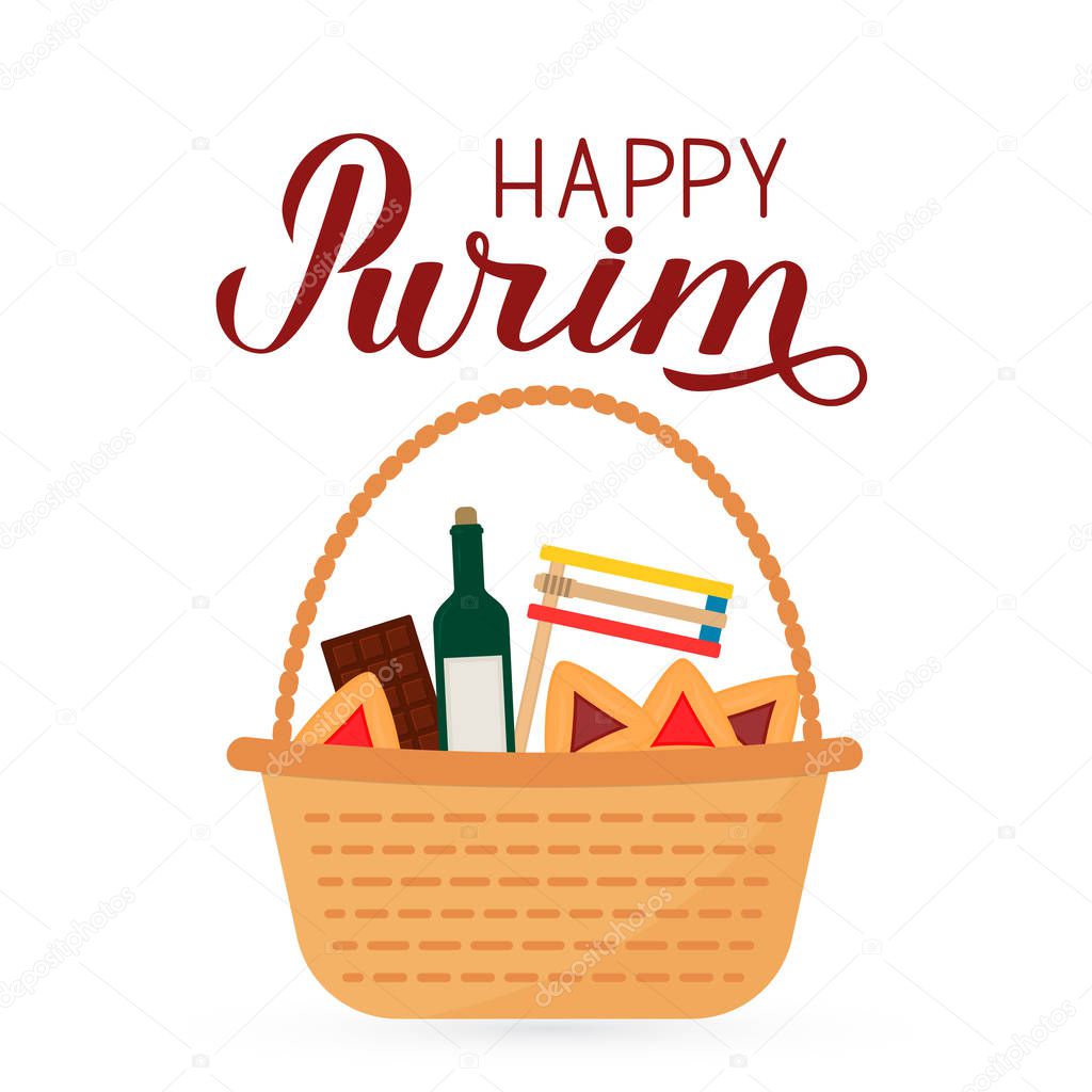 Happy Purim calligraphy lettering mishloach manot basket with traditional hamantaschen cookies isolated on white. Traditional Jewish carnival greeting card. flyer or poster. Vector illustration.