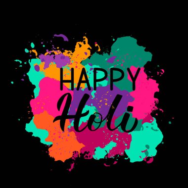 Mutlu Holi hat yazı ver. Hindu geleneksel festival renkler veya aşk festivali. Parti davetiyeleri, afiş, el ilanları, vb için vektör şablonu. Renkli holi toz ve boya lekeleri.