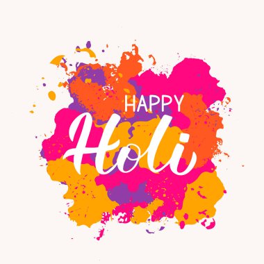Mutlu Holi hat yazı ver. Hindu geleneksel festival renkler veya aşk festivali. Parti davetiyeleri, afiş, el ilanları, vb için vektör şablonu. Renkli holi toz ve boya lekeleri.