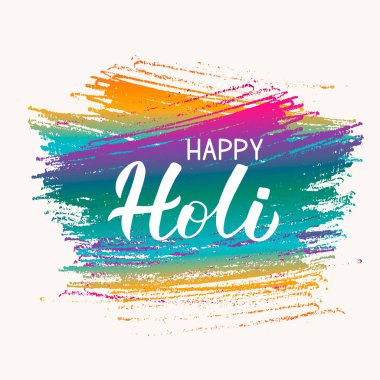 Holi calligraphy lettering  on colorful brush stroke background. Indian Traditional festival of colors. Hindu spring celebration poster. Vector template for party invitations, banners, flyers, etc. clipart