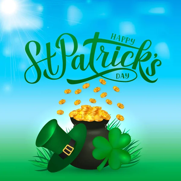 Happy St. Patricks Day Kalligraphie Schriftzug, Kobolde Hut, Kleeblatt und Topf mit Goldmünzen. Heiliger Patricks Day Grußkarte, Parteieinladung, Banner, Plakat, Flyer. Vektorillustration. — Stockvektor