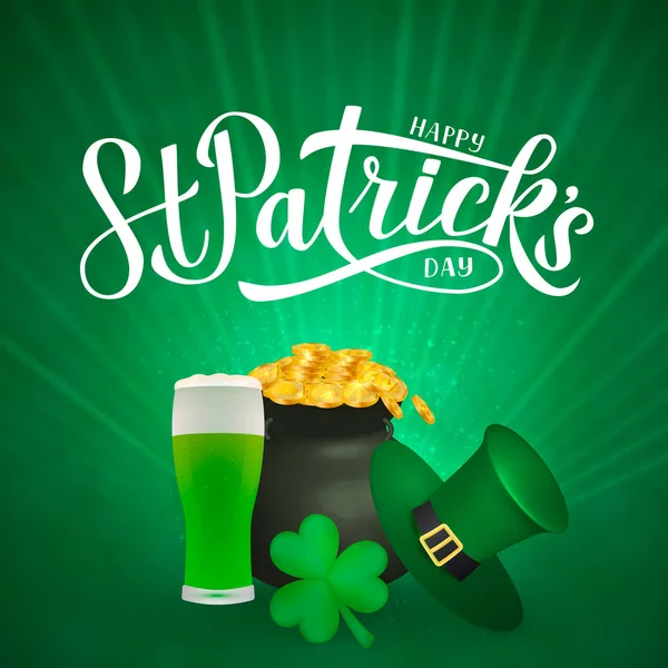 Feliz día de San Patricio caligrafía letras de la mano, Leprechauns sombrero, trébol y olla de monedas de oro. Tarjeta de felicitación del día de San Patricio. Plantilla vectorial para invitación de fiesta, banner, póster, volante . — Archivo Imágenes Vectoriales