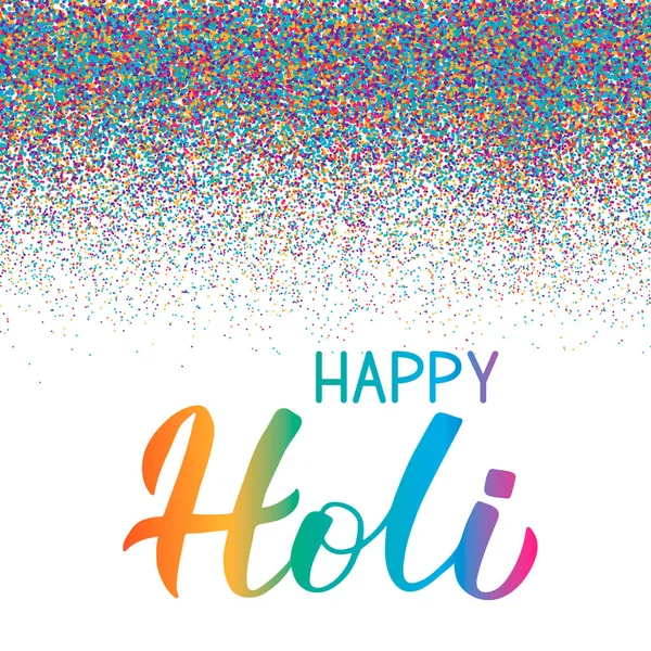 Happy Holi kaligrafie rukou nápis s konfety barevné tečky. Hinduistická jarní oslava plakát. Tradiční indický festival barev. Vektor šablona pro večírek, bannery, letáky, atd. — Stockový vektor
