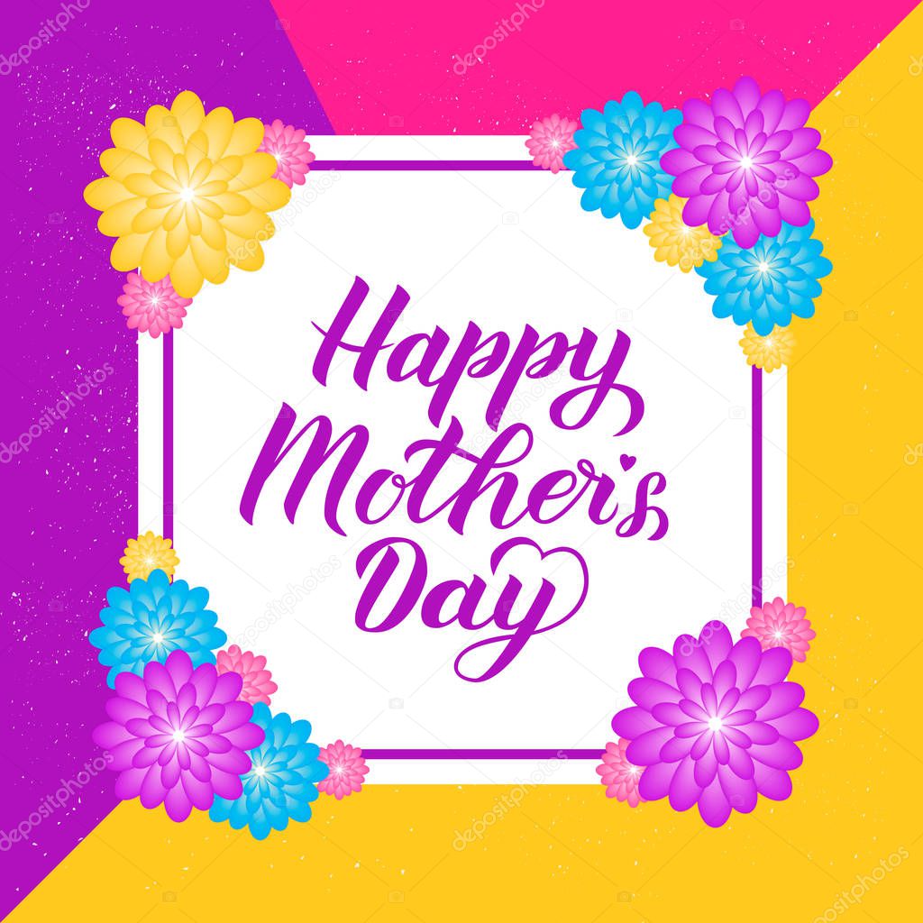 Happy Mothers Day calligraphy lettering with colorful spring flowers. Origami paper cut style vector illustration. Template for Mothers day party invitations, greeting cards, tags, flyers, banners.