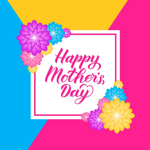 Happy Ημέρα της μητέρας καλλιγραφία γράμματα με πολύχρωμα ανοιξιάτικα λουλούδια. Κοπής χαρτιού origami εικονογράφηση διάνυσμα στυλ. Πρότυπο για μητέρες ημέρα κόμμα προσκλήσεων, ευχετήριες κάρτες, ετικέτες, φυλλάδια, πανό. — Διανυσματικό Αρχείο